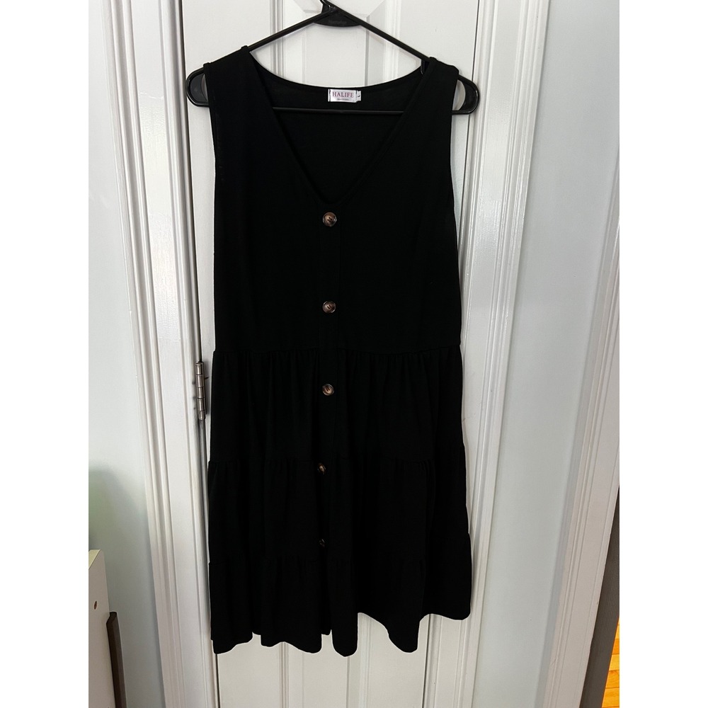 HALIFE Womens Black Sleeveless Tiered V-Neck Babydoll Dress L Decorative Button